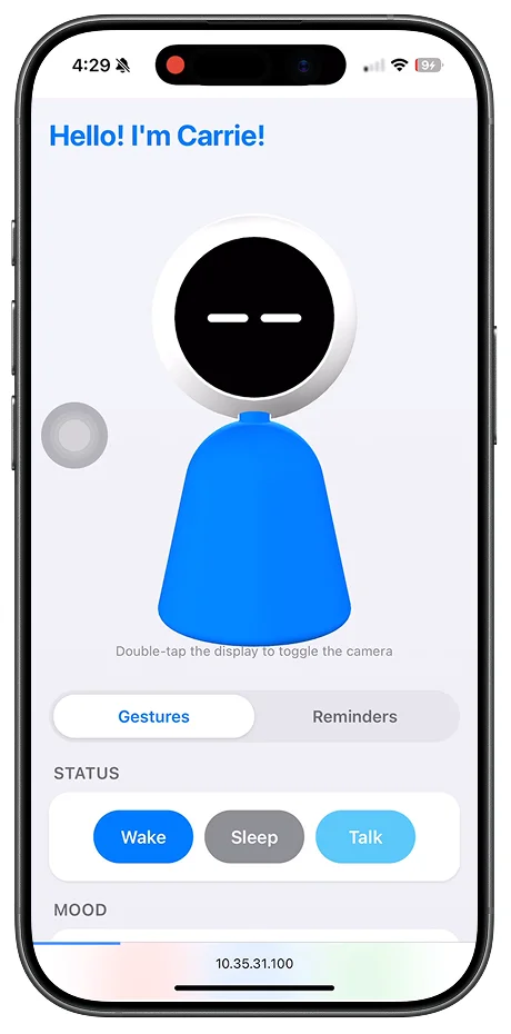Prototype app screen with Tilly and buttons for wake, sleep and talk.