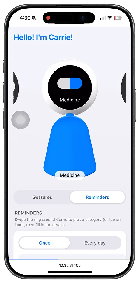 Prototype app screen showing a medicine reminder being set, with once or every day options.