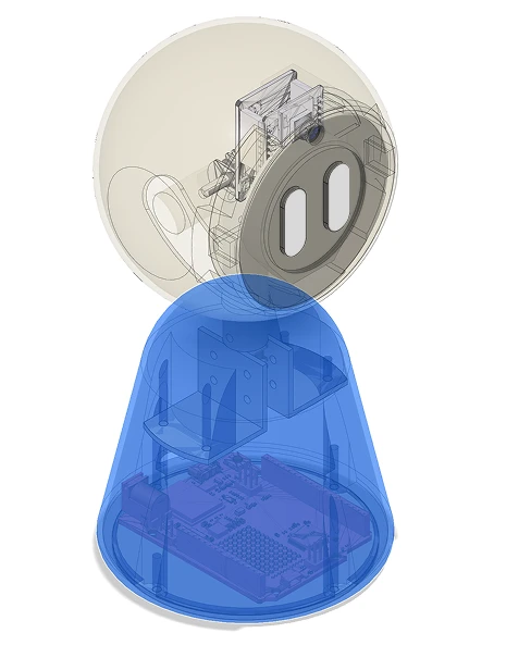 Transparent CAD model of Tilly showing the display and head motor inside the head, and the circuit board in the base.