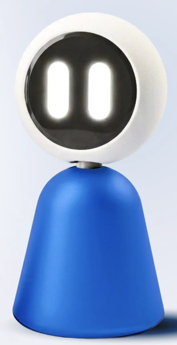 Render of Tilly: a white spherical head with a black face and two glowing oval eyes on a blue cone-shaped base.